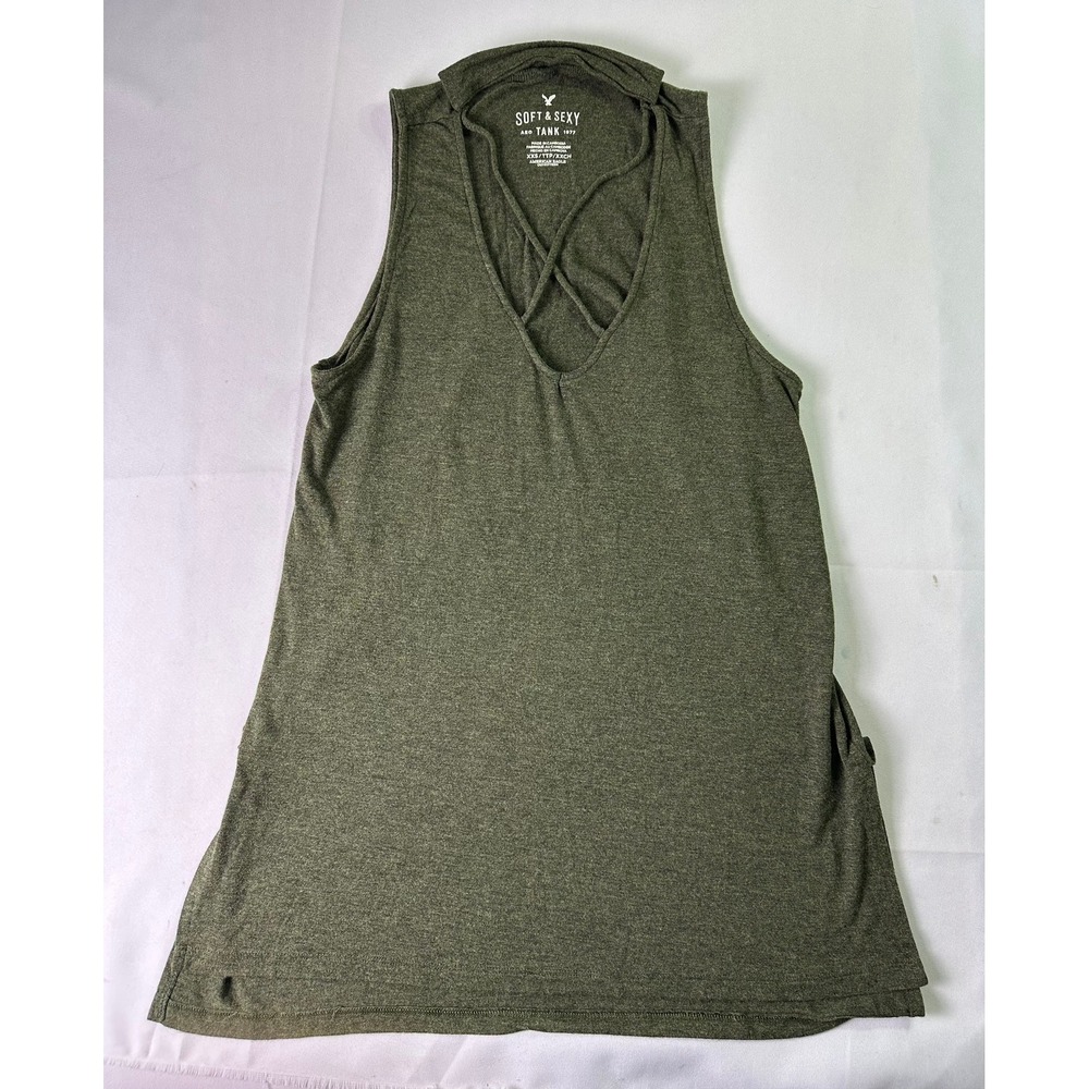 American Eagle Soft & Sexy Tank Top XXS Olive Green Lattice Strappy V-Neck Boho
